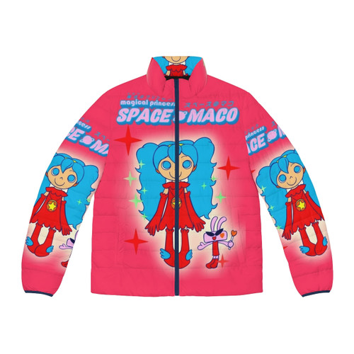 Magical girl in pink puffer jacket with space and bunny design
