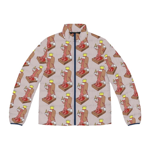 Quirky pizza puffer jacket with whimsical weenie graphics