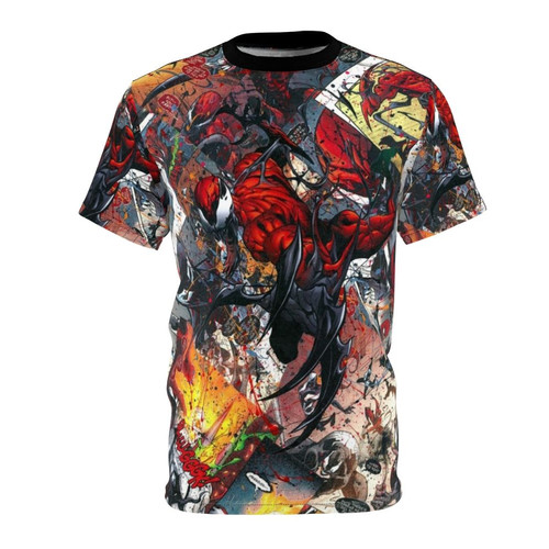 Colorful and dynamic comic book collage design on a high-quality t-shirt