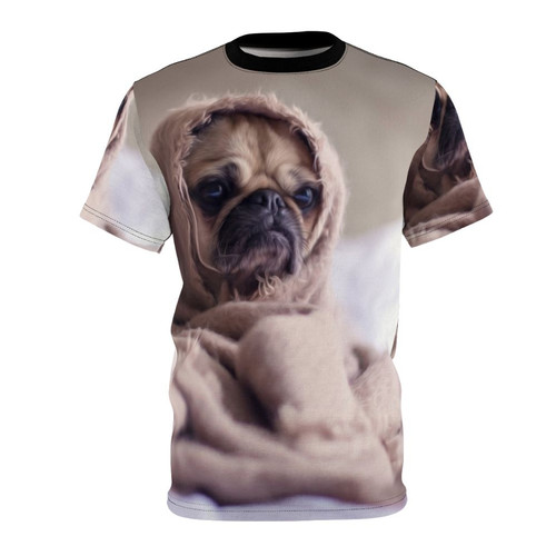 A soft, on-demand printed t-shirt featuring a pug dog resting on a cozy animal-themed bed.