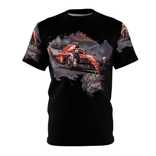 Vintage-style t-shirt featuring a digital art design inspired by Formula 1 driver Carlos Sainz