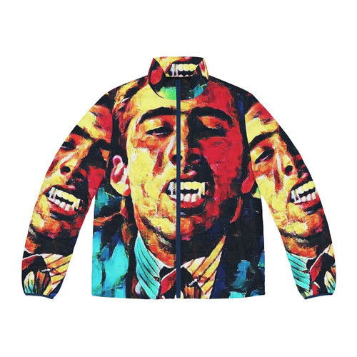 Vampire Survivors puffer jacket featuring the game's iconic characters and art