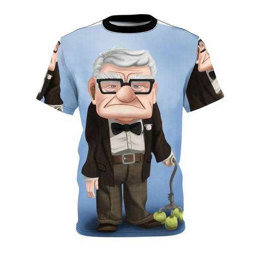 A retro-style t-shirt featuring the iconic character Carl Fredricksen from the beloved Pixar film Up.