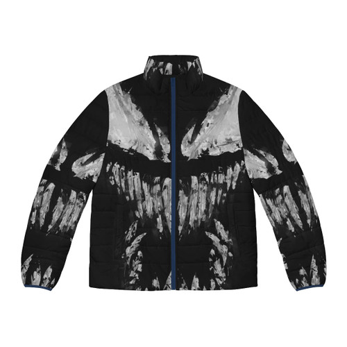 Puffer jacket featuring a poisonous symbiote and snake design