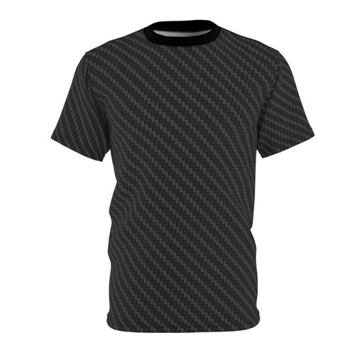 Model wearing a carbon fiber print t-shirt, perfect for industrial and man cave settings