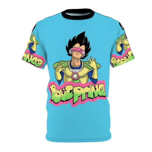 Retro-inspired t-shirt featuring a mashup design of Prince-inspired elements and Dragonball Saiyan imagery