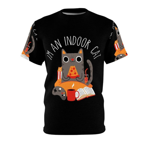 Stylish indoor cat t-shirt for cat lovers who enjoy reading books and playing video games