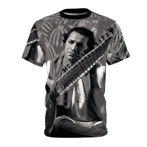 A vibrant t-shirt featuring an illustration of an Indian sitar player performing classical music.