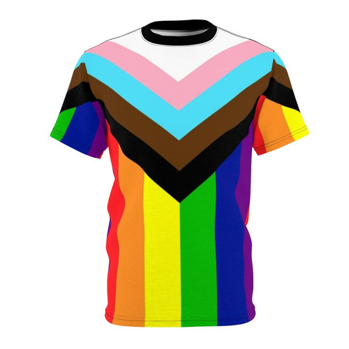 Colorful progressive pride flag design printed on a high-quality t-shirt