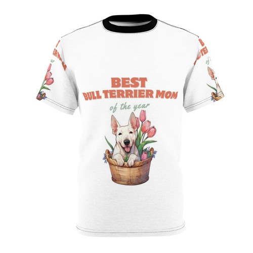 Vibrant and cheerful t-shirt design featuring a bull terrier dog mom surrounded by pink tulips