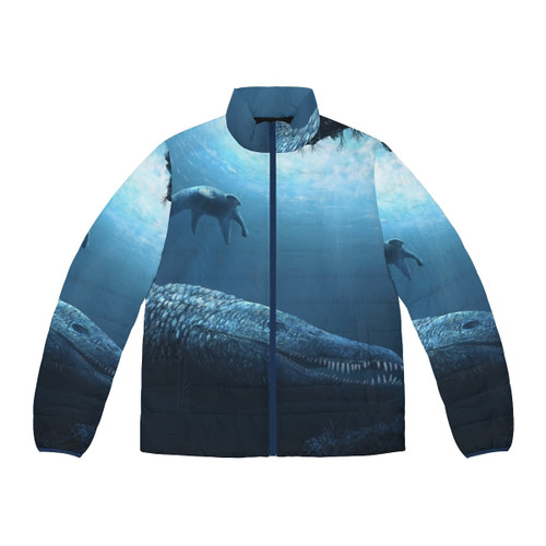 Pliosaur mother and calf puffer jacket featuring paleoart illustration of the extinct marine reptile Pliosaurus kevani