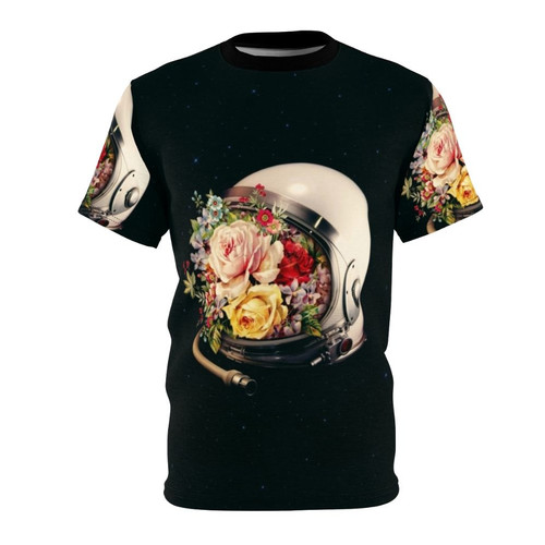 Cosmic bloom t-shirt featuring an astronaut in a field of flowers against a starry, intergalactic background