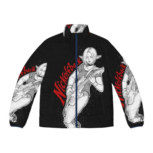 Elf rock band themed puffer jacket with guitar design