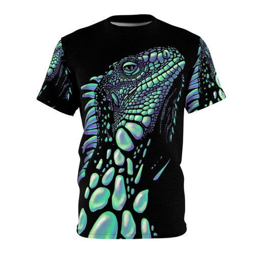Illustration of an iguana surrounded by colorful soap bubbles on a black t-shirt