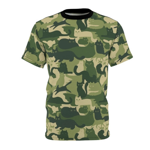 A green army-style camouflage t-shirt featuring a fun repeating pattern of cat silhouettes.