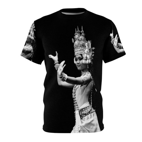 Vibrant illustration of a traditional Cambodian dancer in the Aspara style, wearing ornate gold jewelry and a headdress.