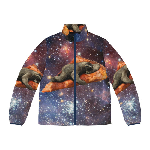 Pizza sloth floating in space wearing a cozy puffer jacket