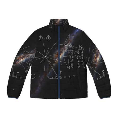 Pioneer 10 Milky Way Galaxy Puffer Jacket featuring NASA's iconic Pioneer Plaque design
