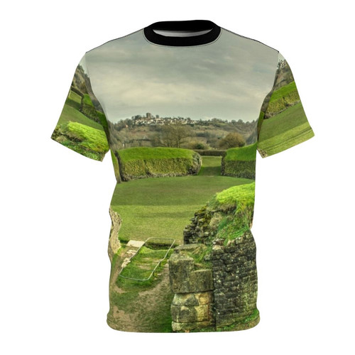 Caerleon Amphitheatre T-shirt design featuring the remains of the historic Roman stone architecture in Wales