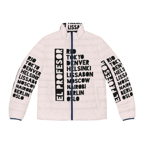 Premium El Profesor Black Text Puffer Jacket with Money Heist Branding