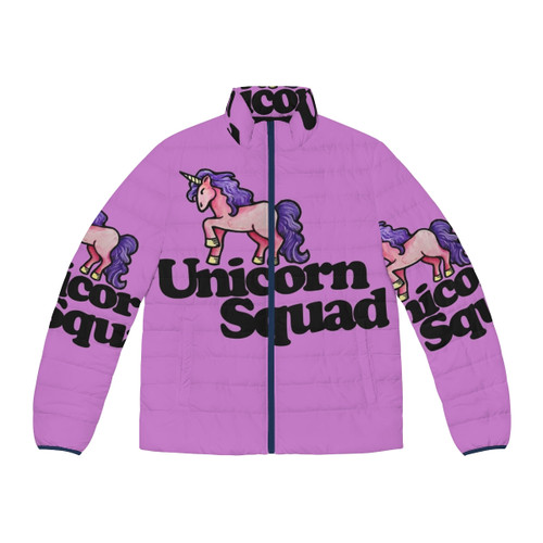 A colorful puffer jacket with a unicorn graphic design