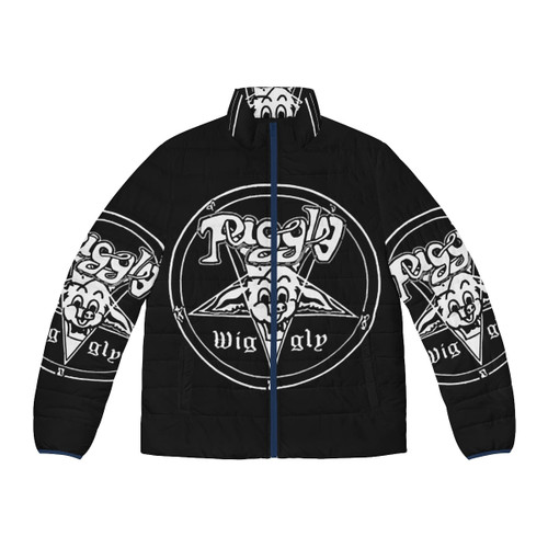 A stylish puffer jacket featuring a bold pentagram design, inspired by the iconic Piggly Wiggly logo.