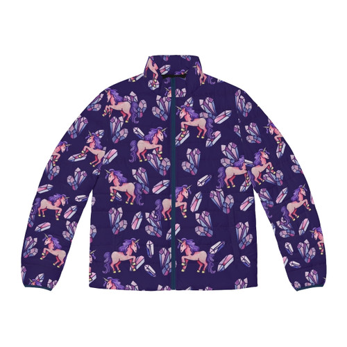 Magical unicorn puffer jacket with enchanted crystal details