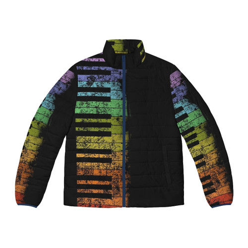 Colorful retro vintage puffer jacket with a piano keyboard design