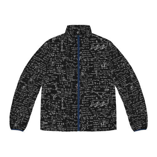 Black puffer jacket with physics equations and mathematical formulas printed on the surface