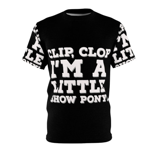 A person wearing a t-shirt with the text "Clip Clop I'm a Little Show Pony"