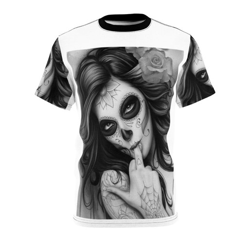Unique Chicano style t-shirt featuring skull and tattoo designs