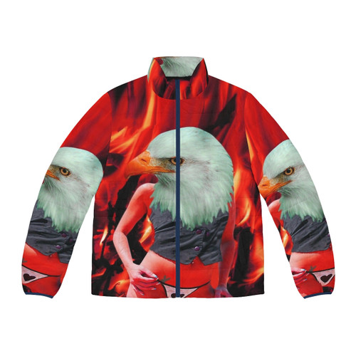 A colorful and abstract patterned phoenix puffer jacket