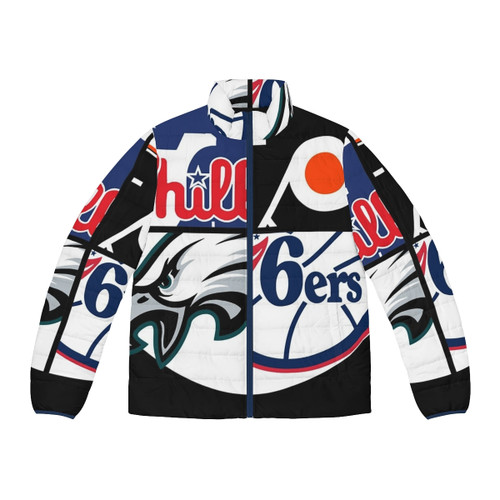 Philadelphia Sports Classic Puffer Jacket with Philadelphia skyline in the background