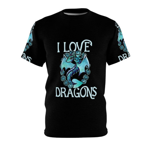Model wearing a purple and white t-shirt featuring a whimsical dragon design