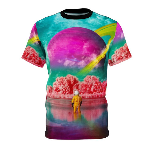 Astronaut figure in a surreal, digital collage-style design on a t-shirt