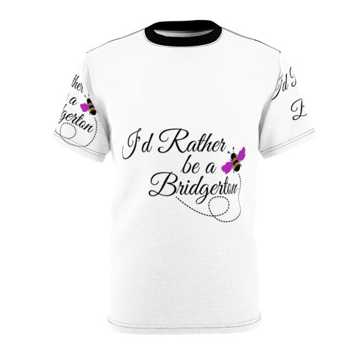 A custom all-over print t-shirt design featuring a Bridgerton-inspired quote and design.