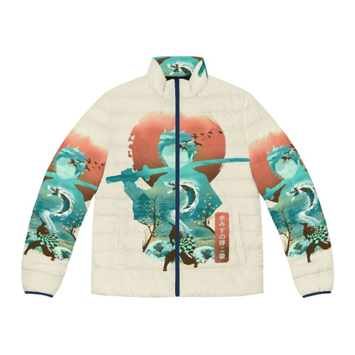 Ukiyo-E inspired puffer jacket with nature-themed Japanese art print design