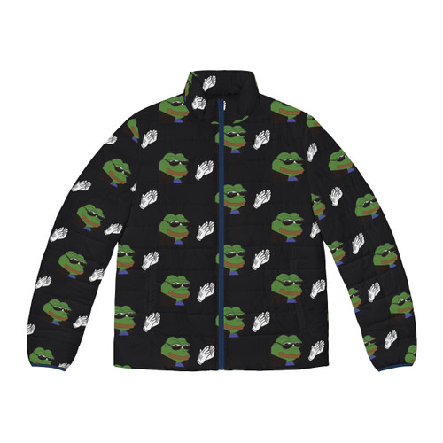 EZ Clap Puffer Jacket featuring a sun with face design, perfect for gamers, streamers, and meme enthusiasts