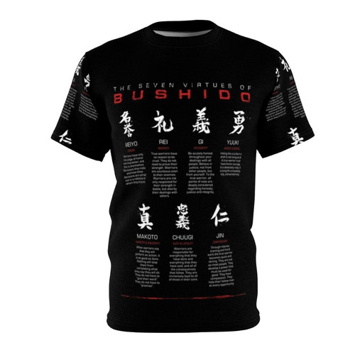 Model wearing a black t-shirt with a minimalist bushido code design, representing the values of the samurai warrior tradition.