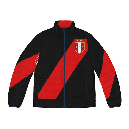 A retro-style puffer jacket with a Peru-inspired jersey design, perfect for staying warm in the winter.