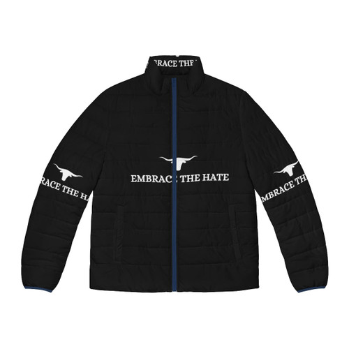 Vintage Texas map puffer jacket with 'Embrace the Hate' text