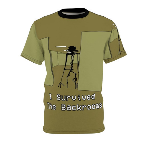 Distressed "The Backrooms" inspired t-shirt design featuring a mysterious and unsettling yellow hallway.