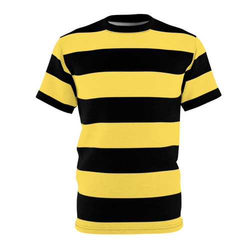 Bright and colorful t-shirt featuring a bumble bee pattern and bold horizontal stripes