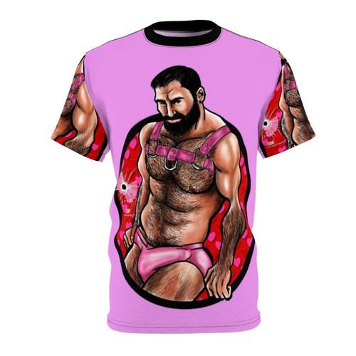 A t-shirt featuring a Valentine's Day-themed design with bearded, muscular gay men in a playful, erotic style.