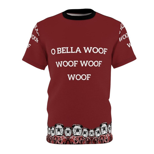 Bulldog wearing a red cloak, inspired by the TV show Money Heist and its "Bella Ciao" gang