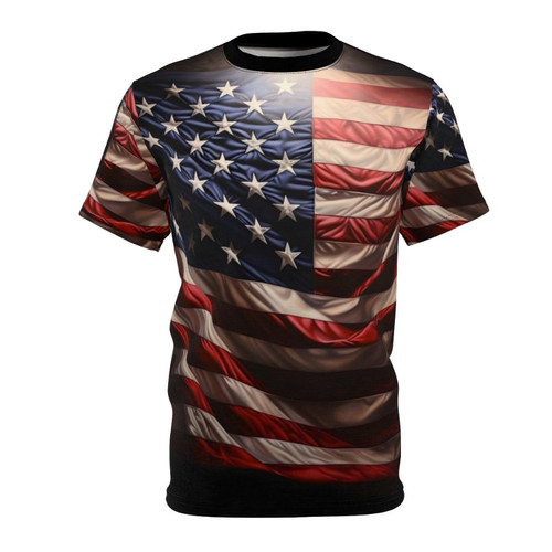 Patriotic American flag digital print t-shirt, showcasing vibrant red, white, and blue design.