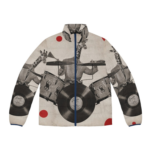 Anthropomorphic giraffe wearing a puffer jacket and playing drums, surreal fashion photo