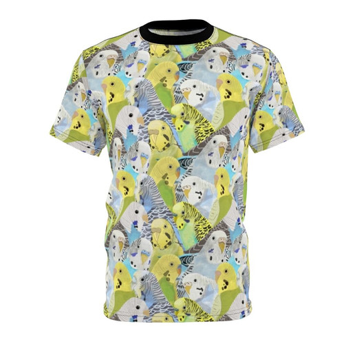 Colorful t-shirt featuring a vibrant pattern of budgies and parakeets