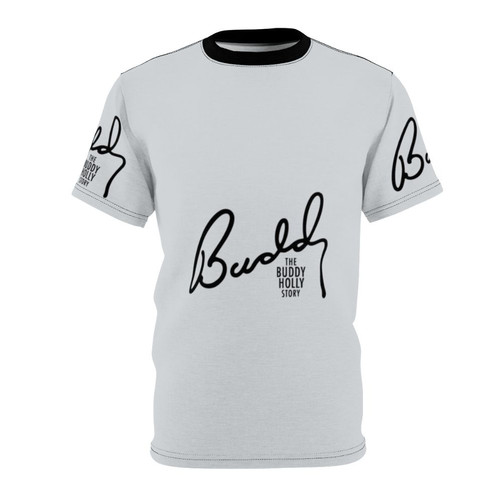 Vintage-style graphic t-shirt featuring a colorized portrait of legendary musician Buddy Holly