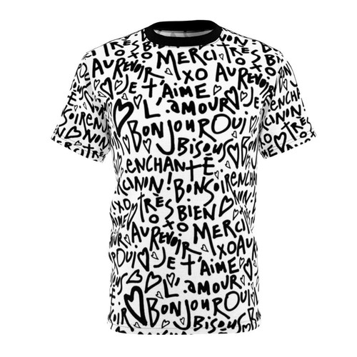 Stylish French-inspired t-shirt with hand-drawn typography and romantic French phrases